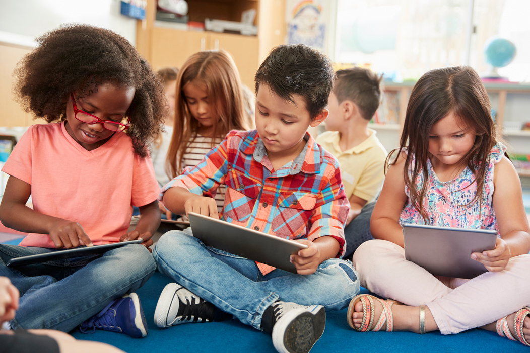 Young School Kids in Class Using Tablet Computers, Close up