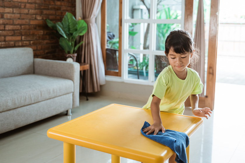 Little Kid Cleaning Up the Table