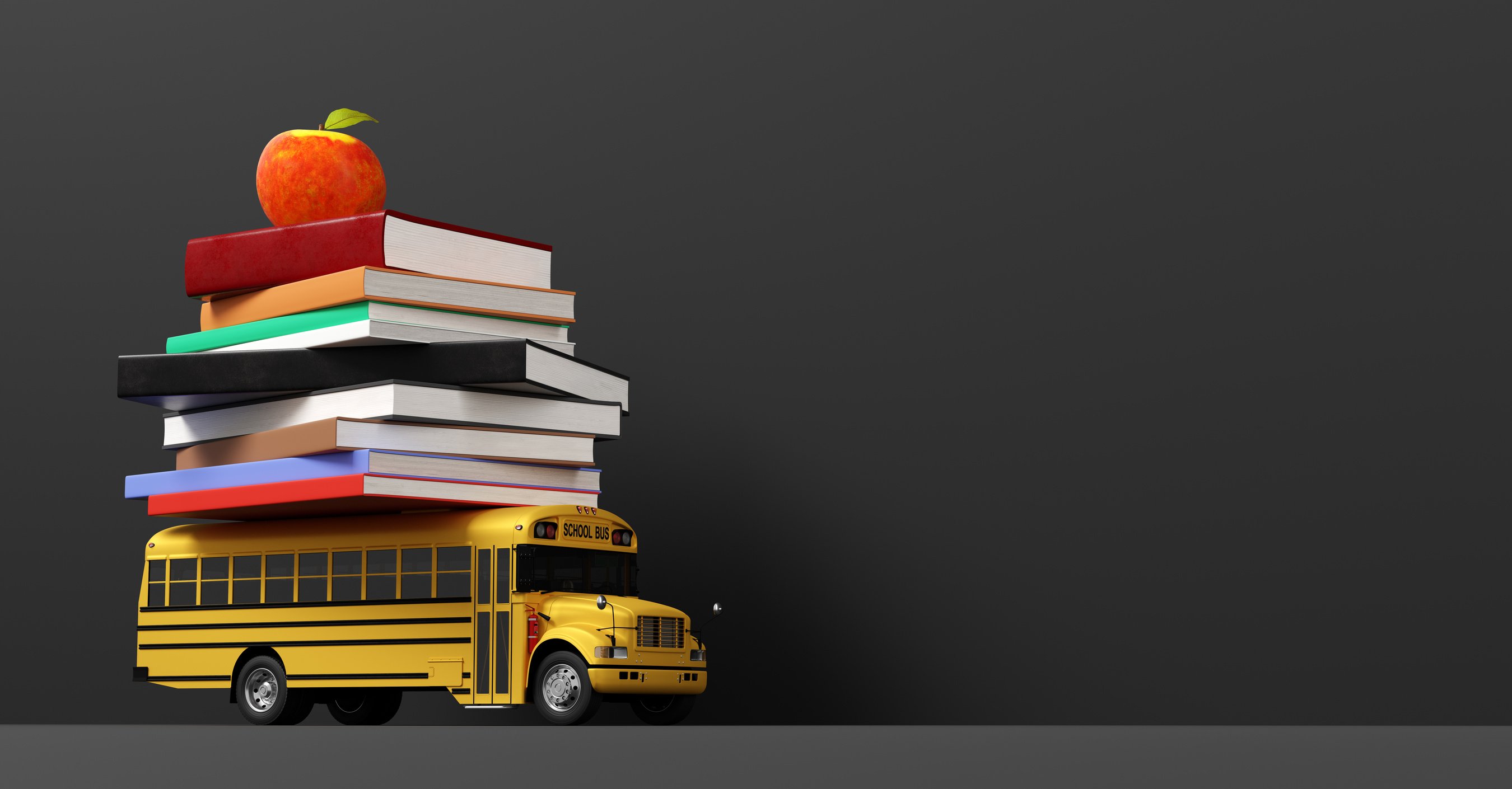 Back to school. Empty blackboard and yellow school bus